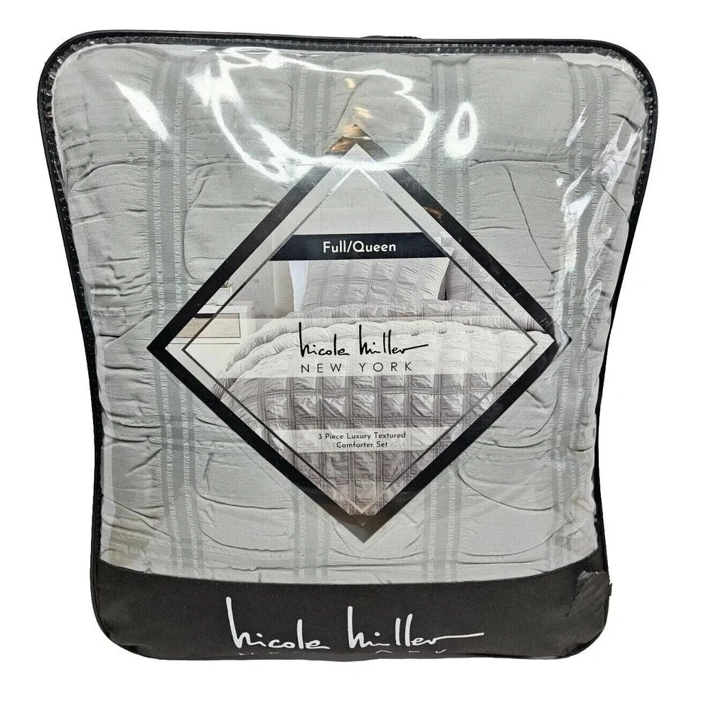 Nicole Miller Grey Full/Queen 3 Piece Luxury Textured Comforter Set, New